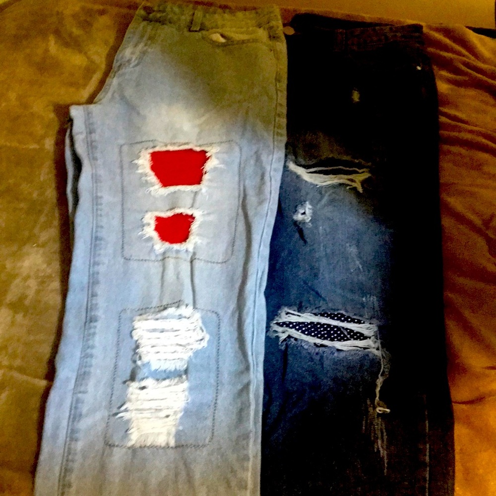 Distressed patchwork biker jeans